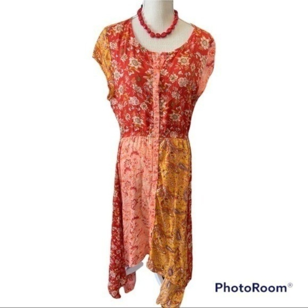 Rocks & Indigo Boho Patchwork Floral Rayon Midi‎ Dress Size L